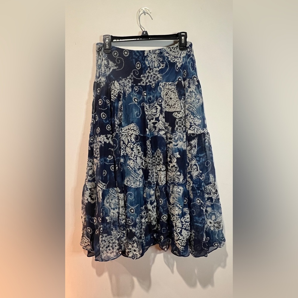 Vintage Lauren Ralph Lauren Navy and White Patchwork Tiered Maxi Skirt